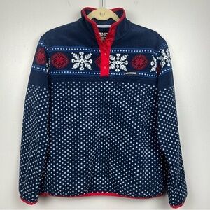 Lands’ End blue red Nordic fleece snap neck pullover, size medium petite.
